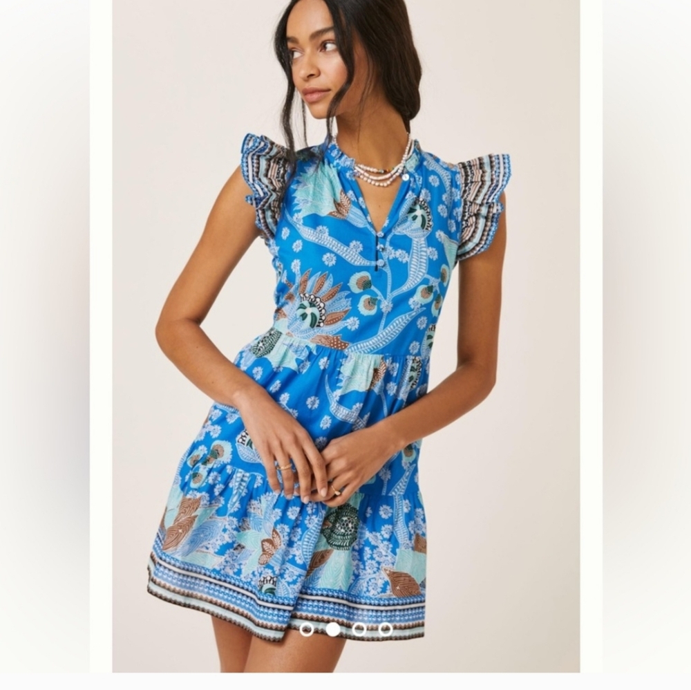 Omika By Anthropologie Blue Printed Tiered Mini Dress With Ruffled Sleeves S - M